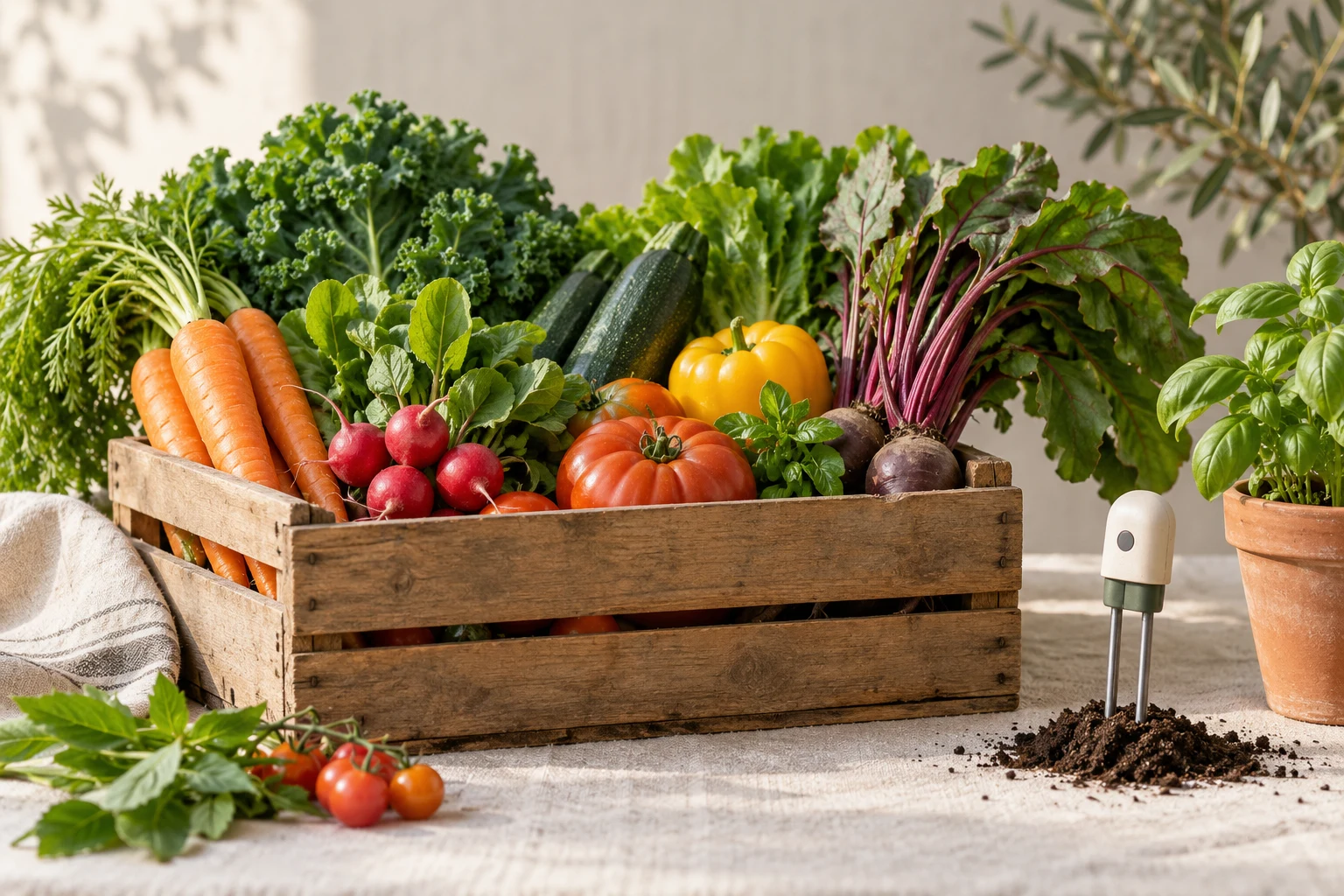 Caja de verduras junto a un sensor de suelo en una composición conceptual