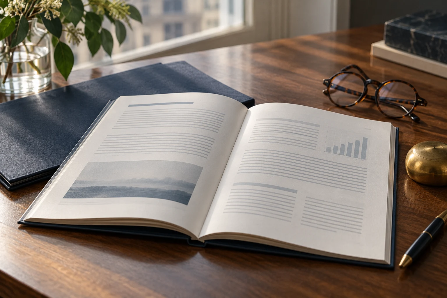 Informe financiero conceptual abierto junto a una carpeta y unas gafas