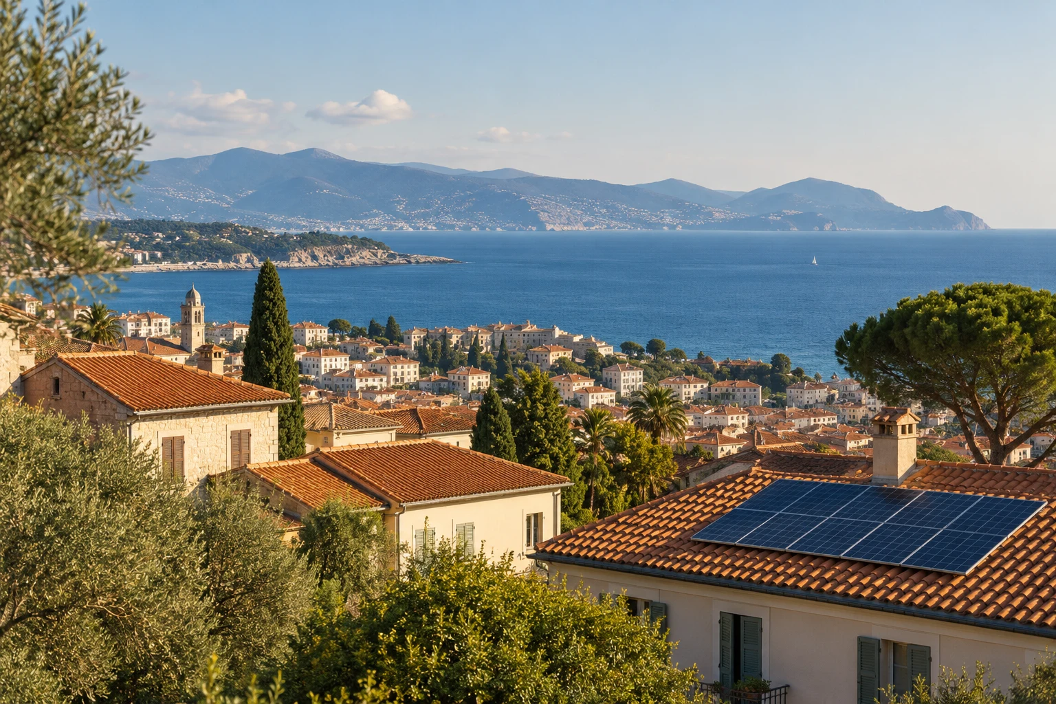 Paisaje mediterráneo conceptual con tejados, árboles y paneles solares