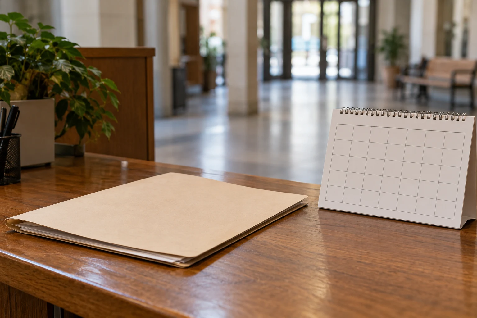 Carpeta sin inscripciones y calendario en blanco en un mostrador público conceptual.