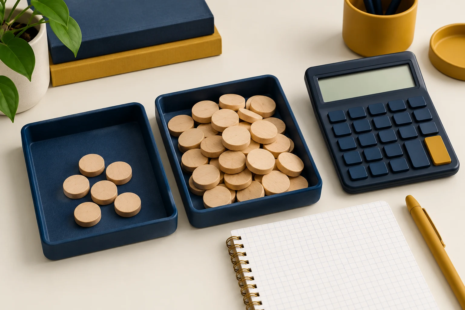 Dos bandejas con fichas de madera, una calculadora sin cifras y un cuaderno; composición conceptual sobre costes.