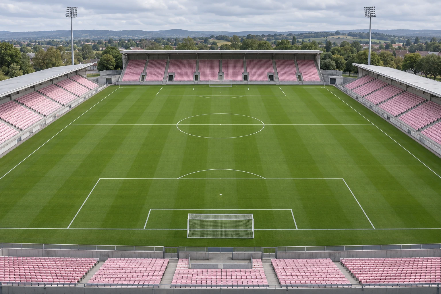 Vista aérea ilustrativa de un campo de fútbol ficticio vacío; no representa un estadio de la jornada ni un encuentro real.