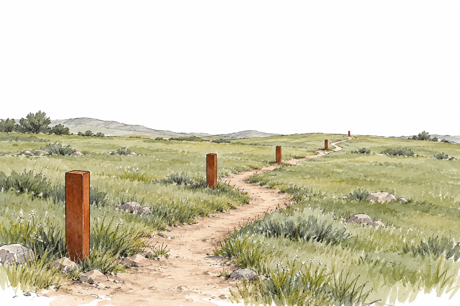 Sendero ficticio con postes separados, dibujado con tinta y acuarela; representa etapas distintas y no datos de una cotización ni un rendimiento.