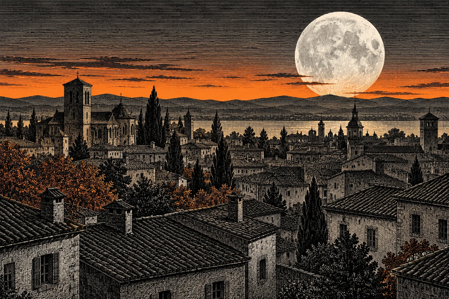 Grabado de una ciudad imaginaria bajo la luna; no representa una localidad real, una medición de luz ni un cambio horario observado.