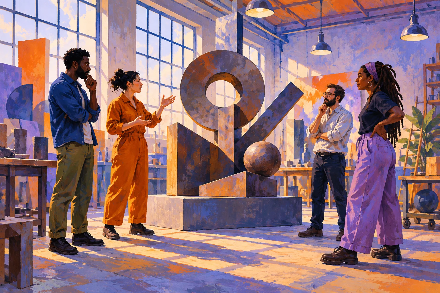 Taller imaginario de aprendizaje con personas ficticias; gouache IA sin certificados ni organización real.