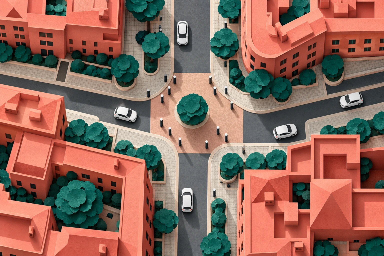 Cruce urbano ficticio visto desde arriba, con vegetación y vehículos genéricos; ilustración IA, no mapa de una ZBE ni autorización de acceso.