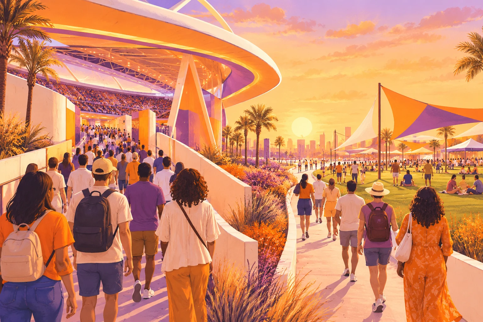 Ilustración IA de un acceso deportivo imaginario con recorridos distintos; no muestra un recinto, entradas ni asistentes reales de Dakar 2026.
