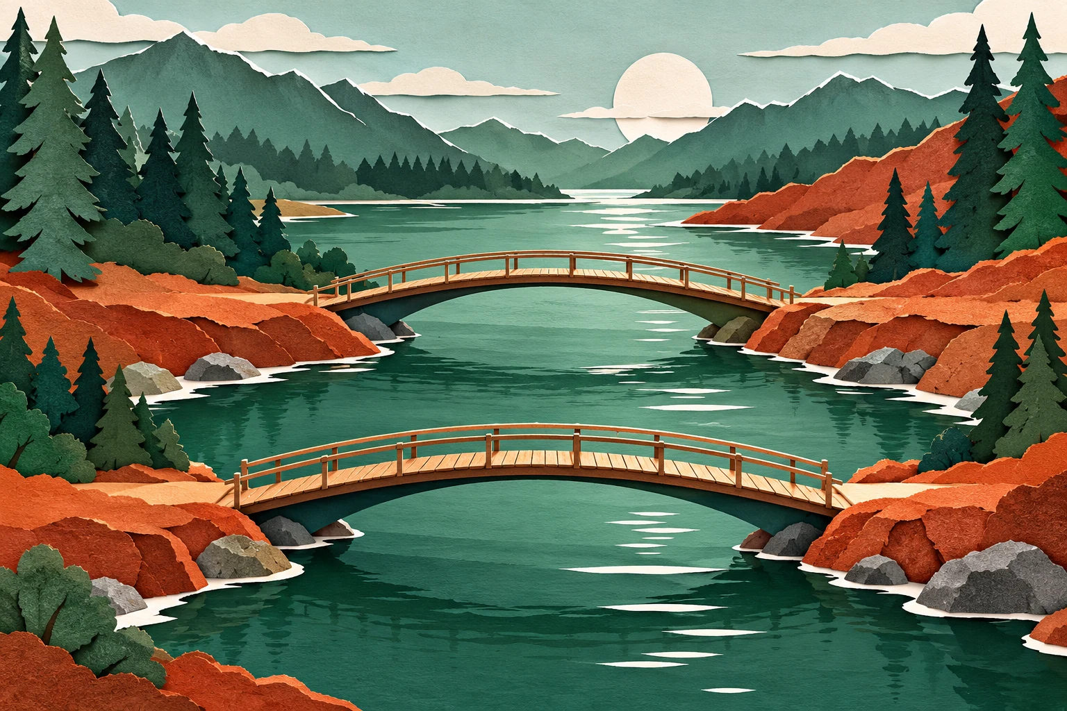 Dos puentes imaginarios sobre un río en papel recortado; ilustración IA sin red bancaria, tarifas o destinos reales.