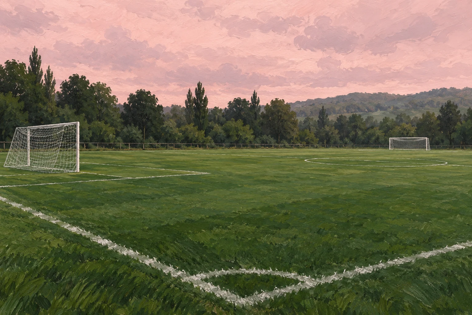 Dos porterías de fútbol vacías en una escena gráfica ficticia; ilustración IA sin marcador, equipos ni partido real.