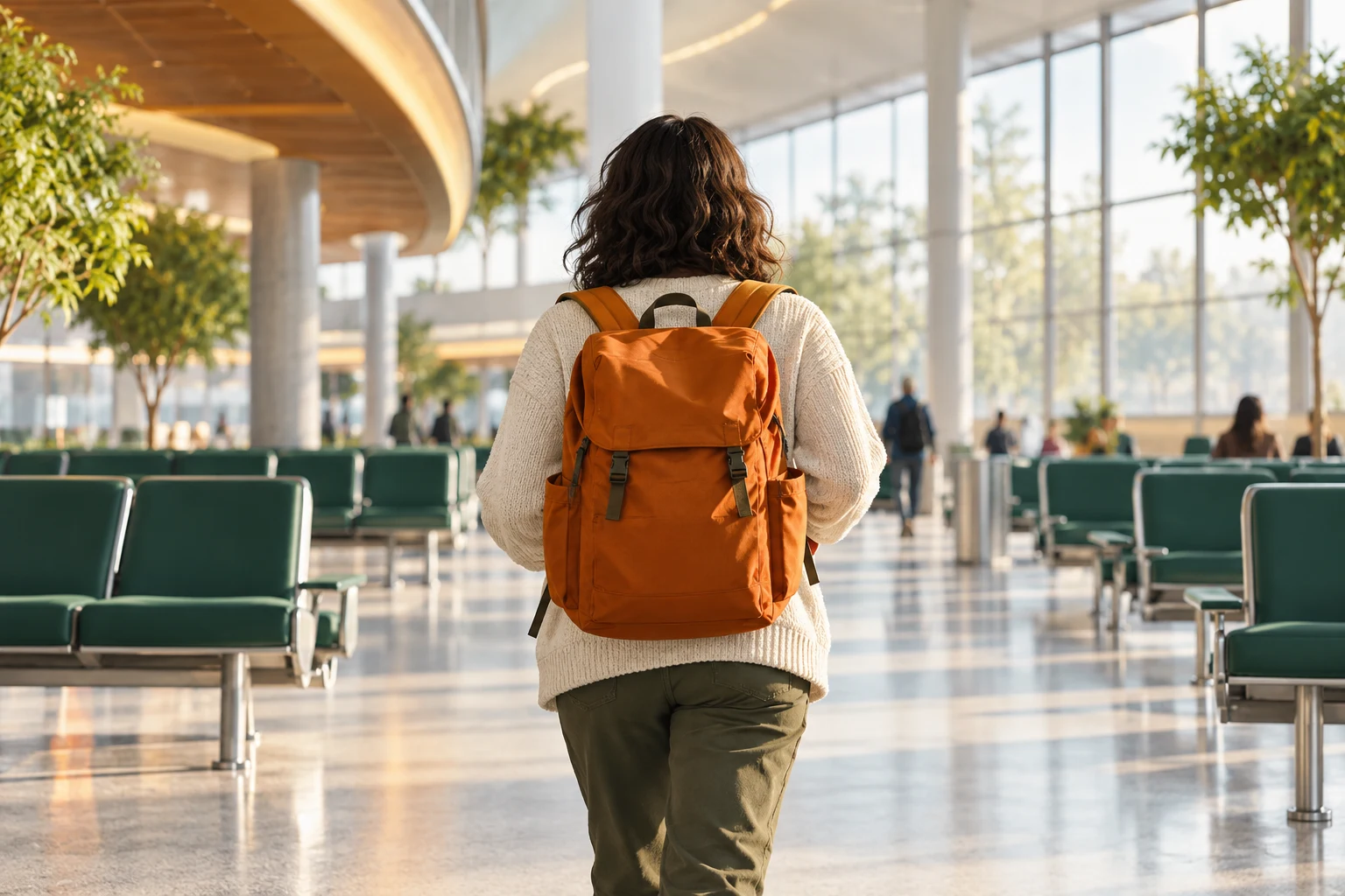 Persona viajera ficticia en una terminal imaginaria; ilustración IA, no una oficina de expedición ni un viaje documentado.