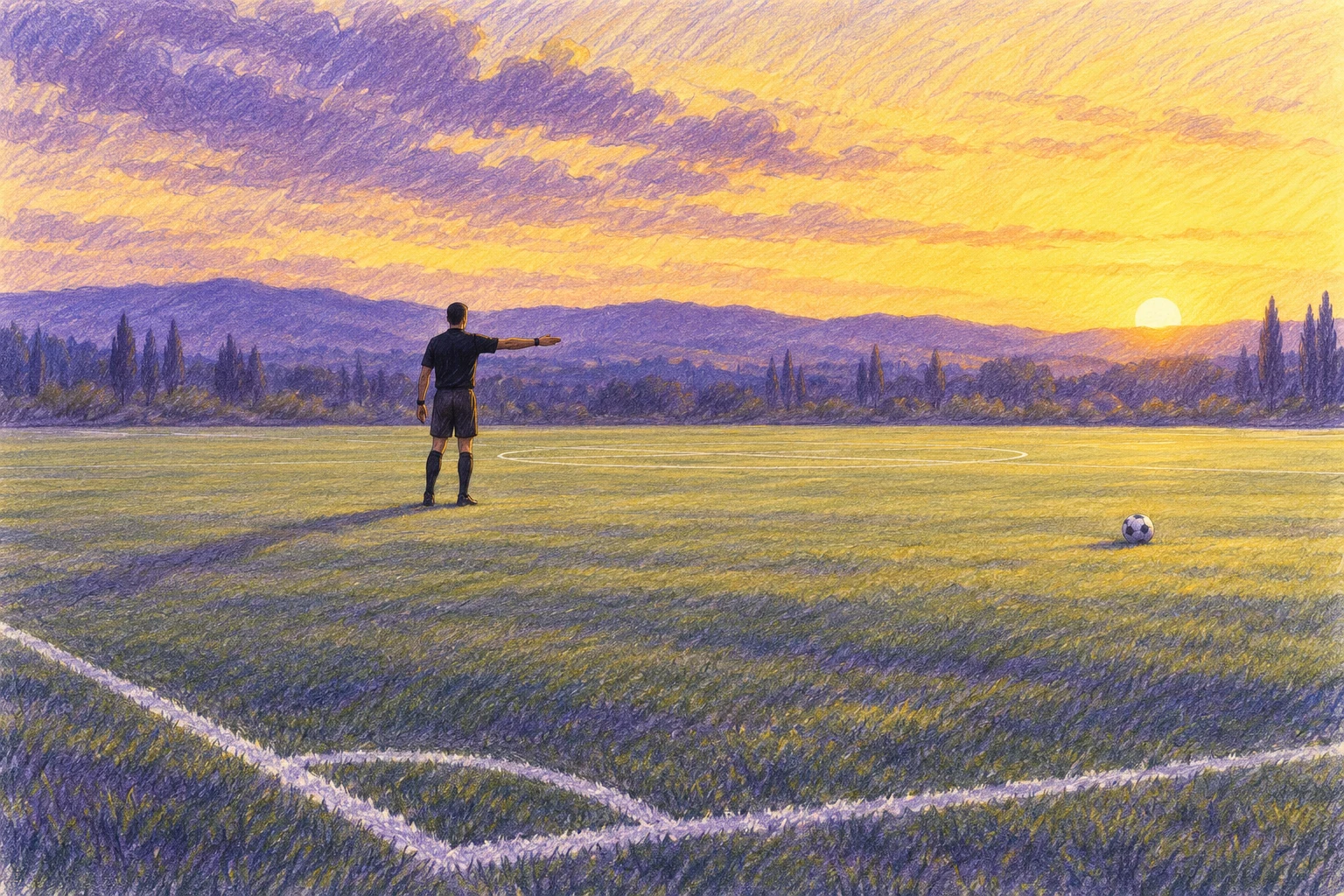 Figura arbitral ficticia en un campo dibujado a lápiz; ilustración IA de contexto, sin contacto medido con el balón ni decisión de un partido real.