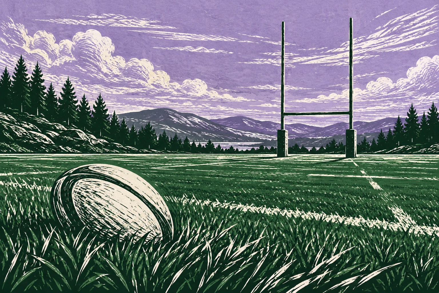 Campo de rugby imaginario con palos y balón ovalado; grabado IA sin jugada o decisión reales.