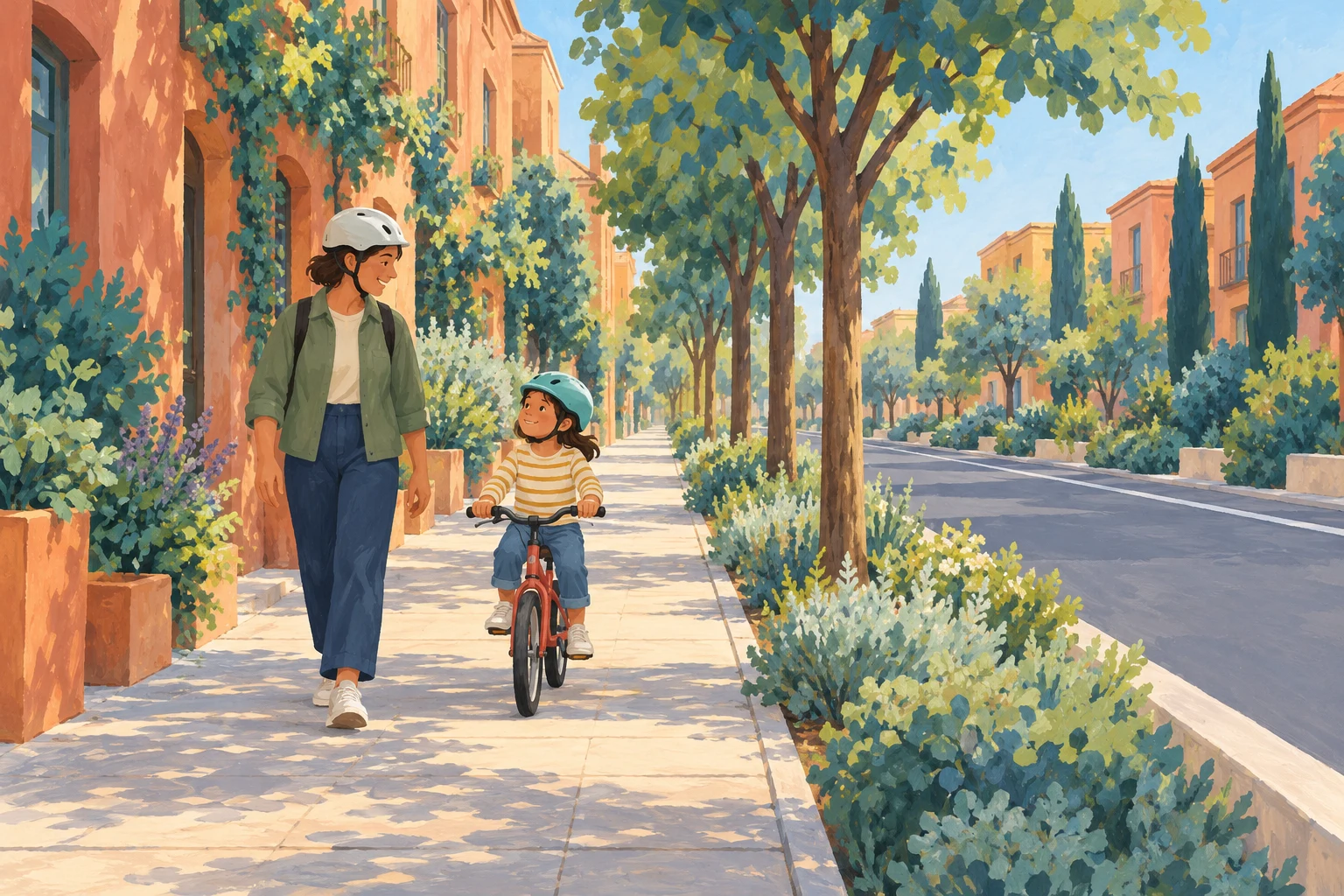 Ilustración IA de un adulto ficticio caminando junto a un menor en bicicleta; no identifica una calle ni acredita que ese recorrido esté autorizado.