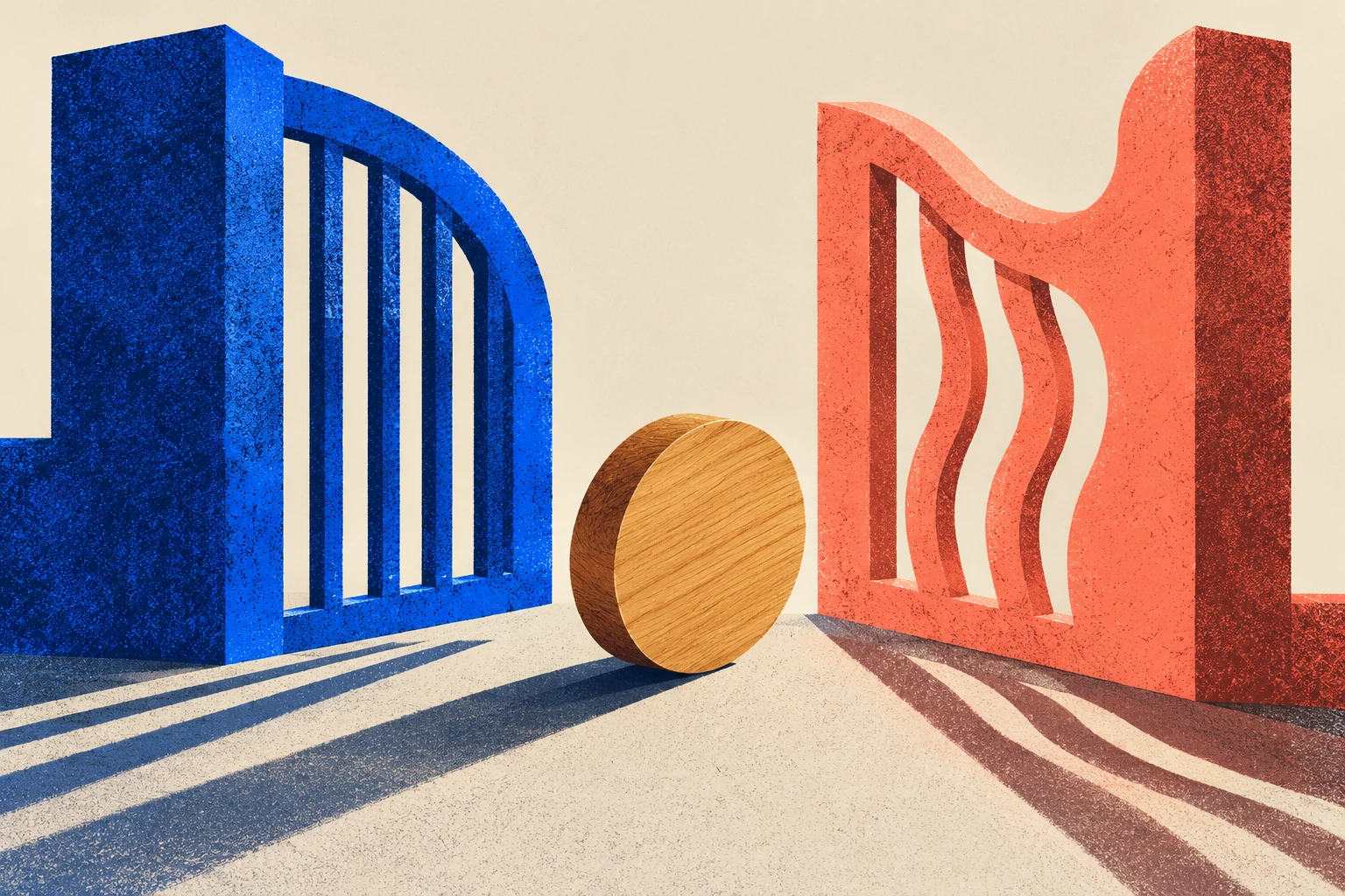 Ilustración IA de una pieza de madera entre dos puertas escultóricas; metáfora de instrucciones separadas, no un circuito bancario real.