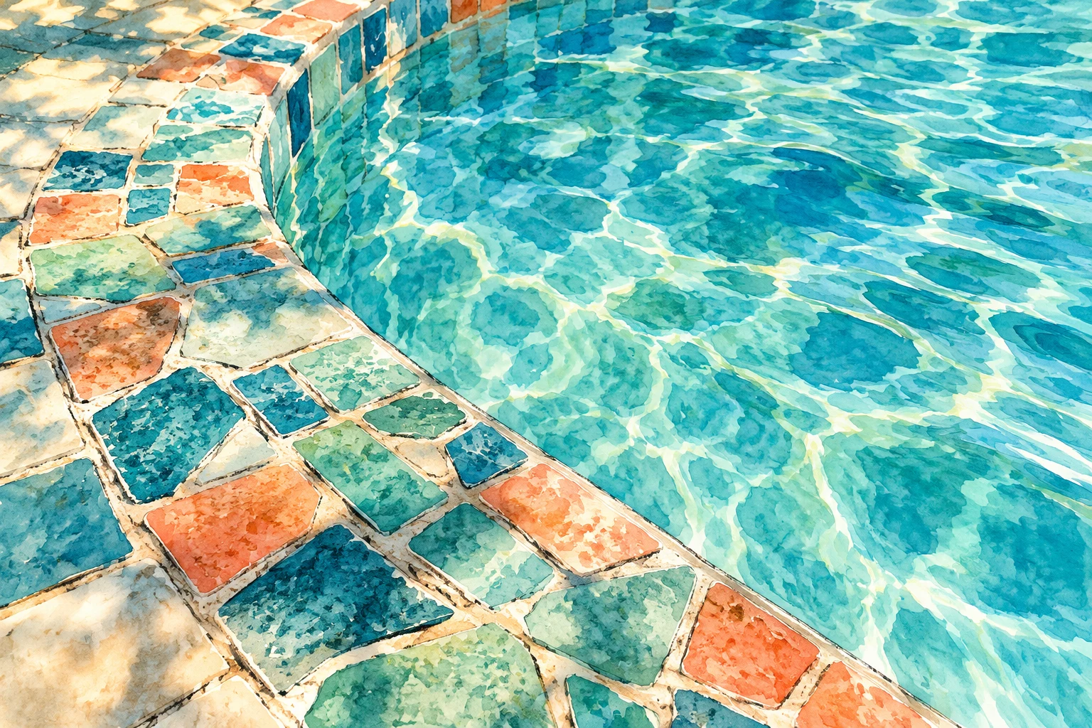 Ilustración IA de mosaicos junto a una piscina inventada; no muestra un producto, una instalación de Fluidra ni datos de cotización.