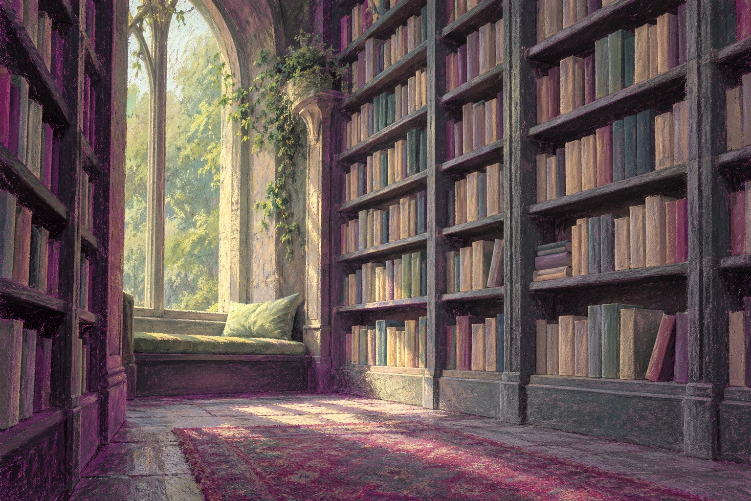 Ilustración IA de estanterías y libros imaginarios sin texto; metáfora de capacidad, sin datos, interfaces ni una prueba del rendimiento de Gemini.