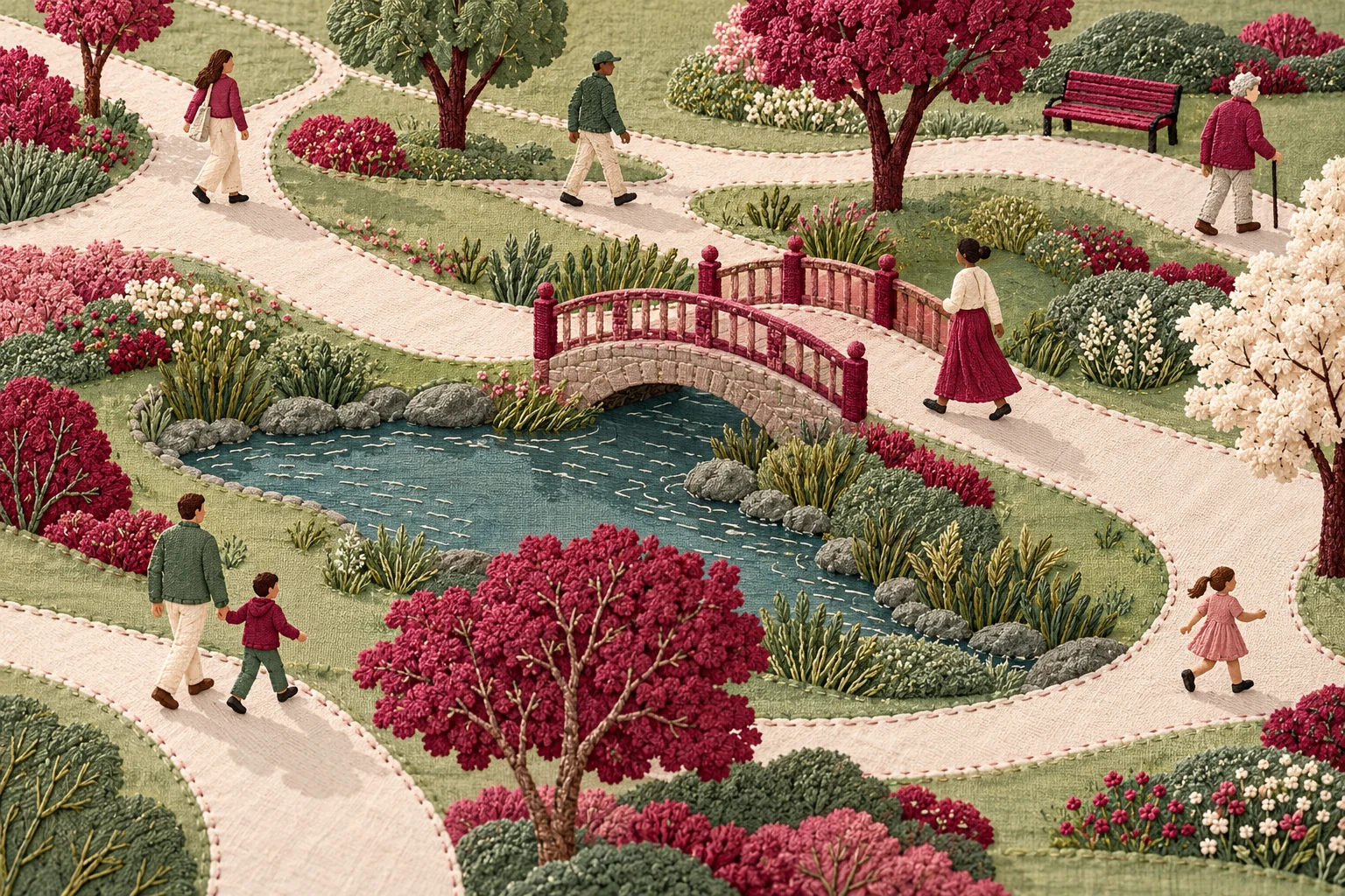 Ilustración IA textil de un parque y personas ficticias; no representa entrevistados, pacientes ni resultados de la encuesta.