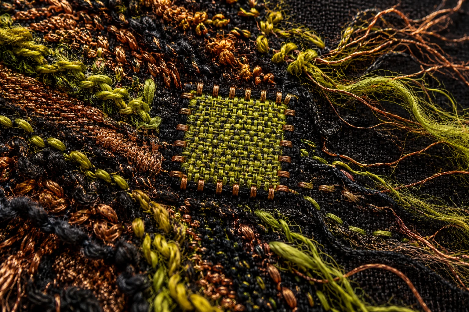Ilustración IA de una trama textil inventada con zonas regulares e irregulares; metáfora de muestra y diversidad, sin datos de evaluación de IA.