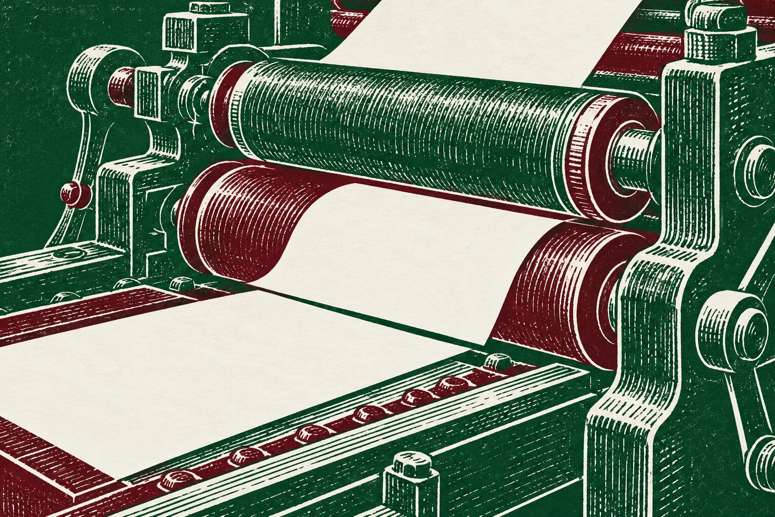 Ilustración IA de una imprenta inventada con hojas sin texto; es una metáfora de emisión y no representa títulos, una empresa ni una oferta real.