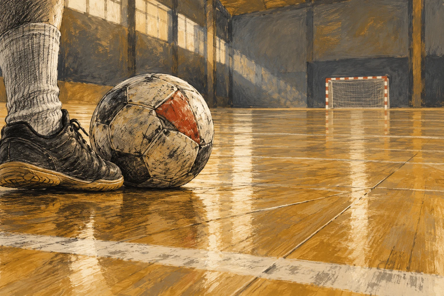 Ilustración IA de un balón y calzado genéricos en una pista inventada; no muestra jugadores reales, el Manzanares Arena ni un partido celebrado.