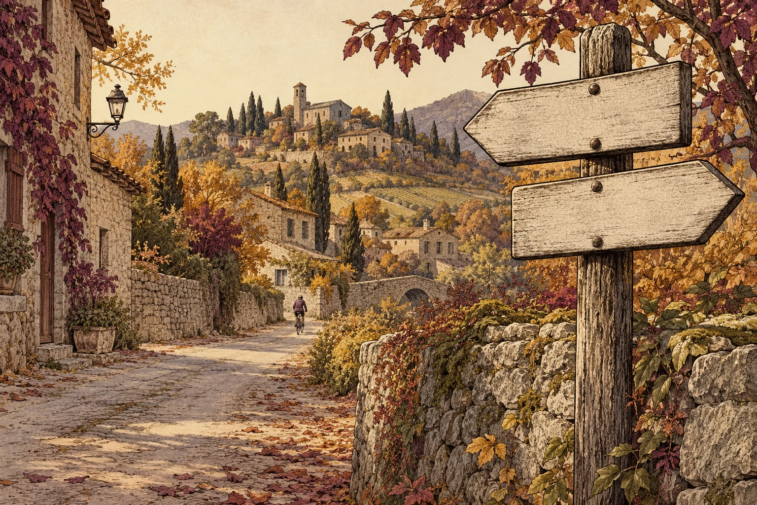 Ilustración IA de un pueblo inventado y señales sin texto; no muestra Urroz, su señalización ni un cambio material observado.