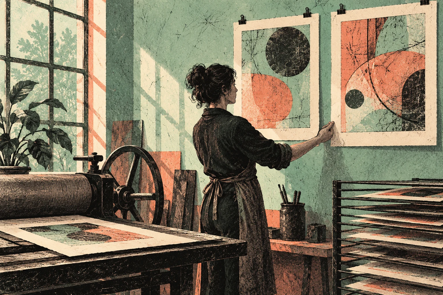 Ilustración IA de un taller de estampación ficticio; no muestra archivos de un modelo, resultados de pruebas ni una empresa real.