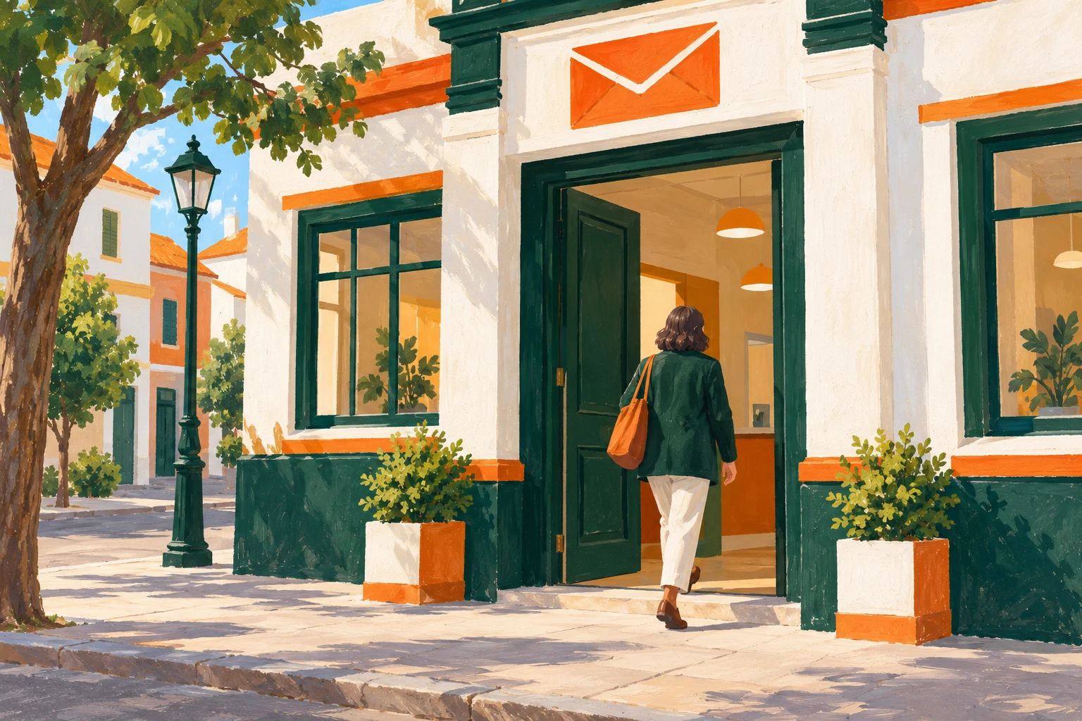 Ilustración IA de una persona y una oficina postal ficticias; no muestra electores, una oficina de Correos o una votación reales.