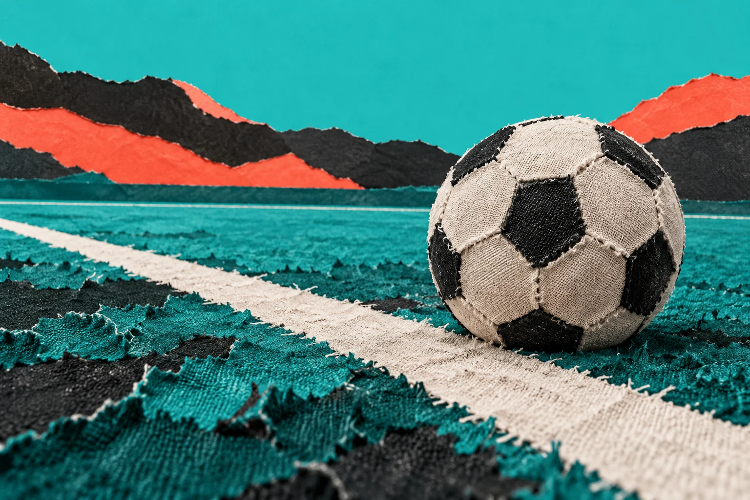 Collage IA de una línea lateral y balón genéricos en un campo imaginario; no representa una jugada real ni una demostración arbitral.
