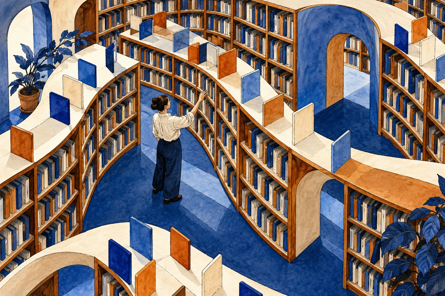 Dibujo IA de una biblioteca imaginaria con estantes y separadores de colores; no representa tokens medidos, una interfaz o una factura.