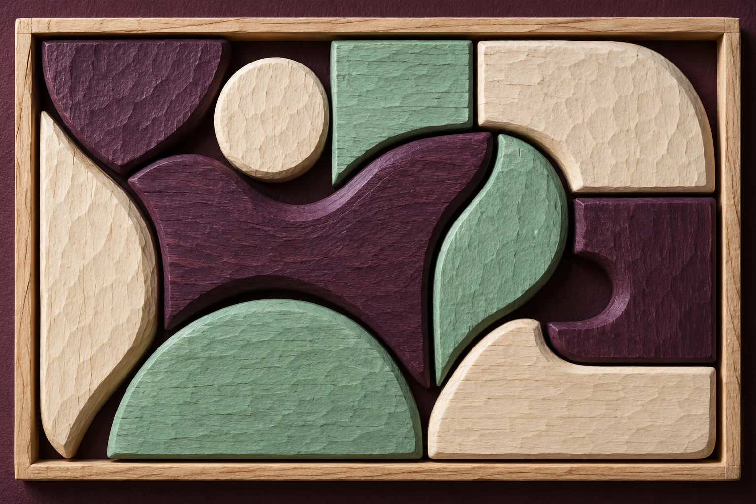 Relieve modular de madera inventado; ilustración IA sin cifras financieras.
