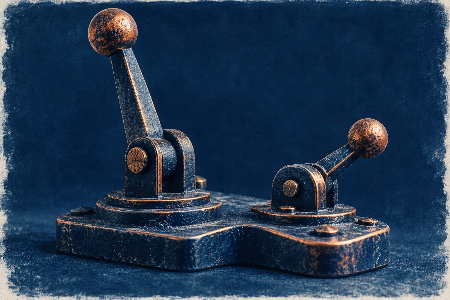 Escultura mecánica ficticia con dos palancas independientes en cianotipo; ilustración IA, no hardware ensayado.