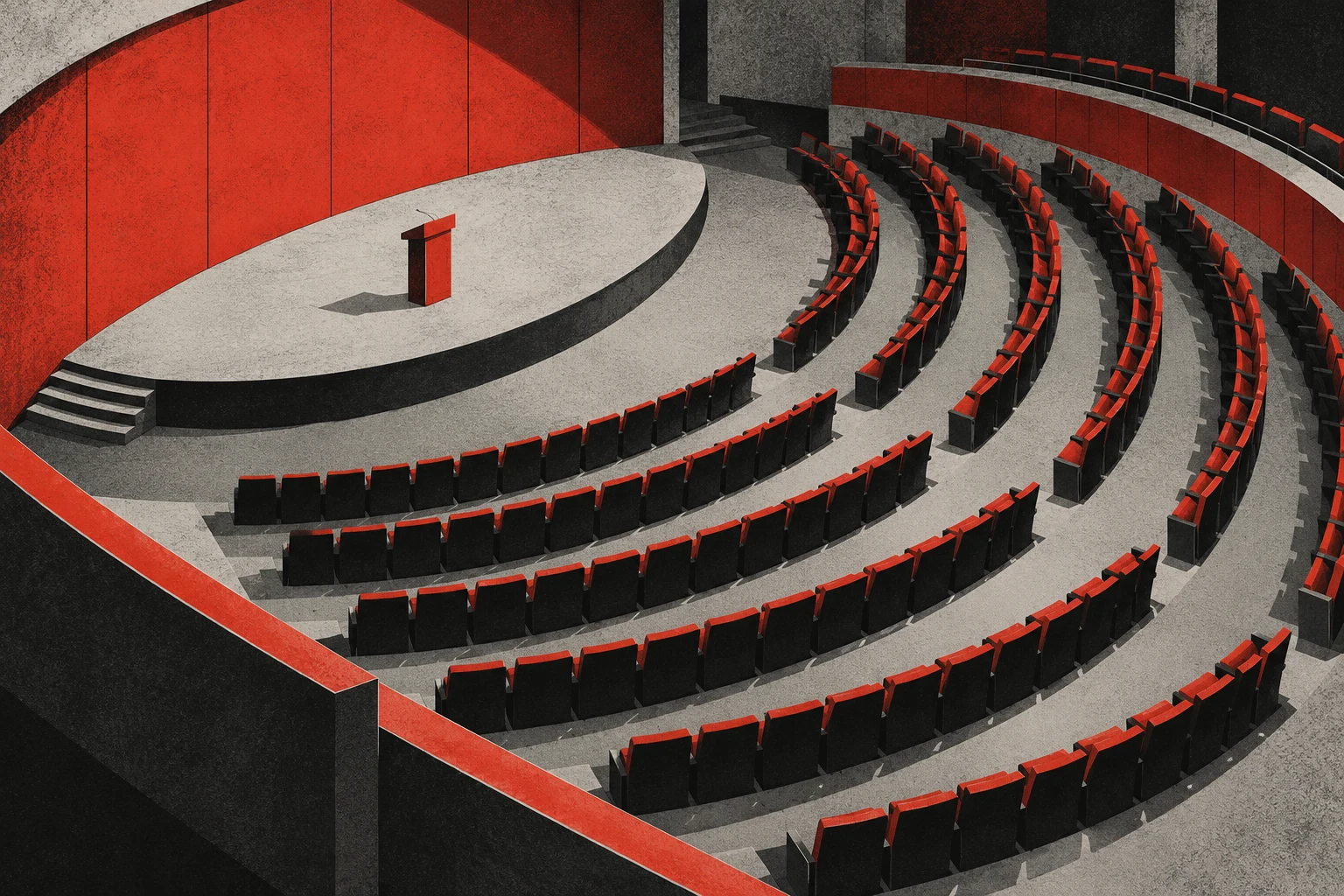 Auditorio vacío imaginario en litografía; ilustración IA que no representa una conferencia de Santander ni de Aena.