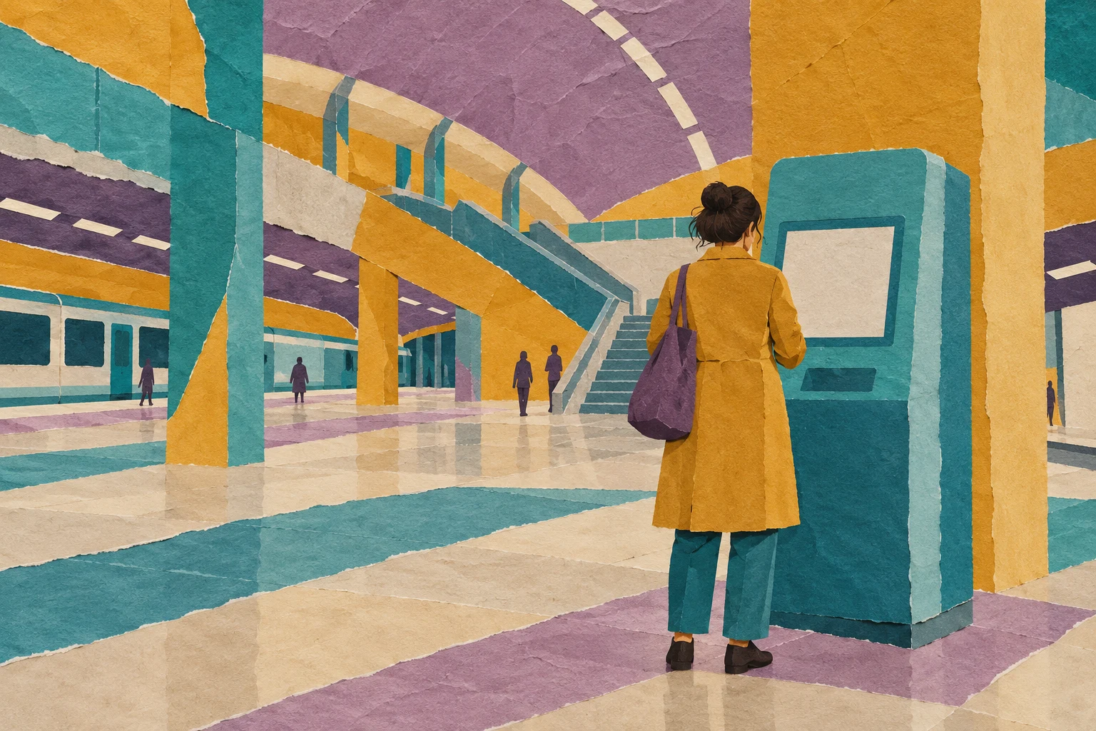 Collage IA de una viajera y una máquina sin interfaz en una estación inventada; no representa equipos ni instalaciones reales de Metro.