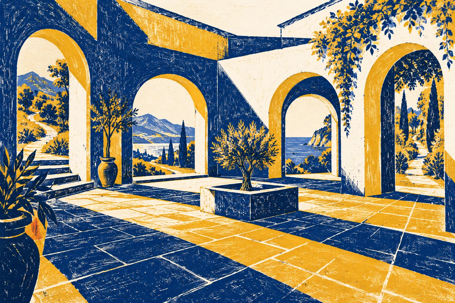 Patio imaginario con arcos abiertos en linograbado; ilustración IA conceptual, sin sede de Viscofan, valores o alternativas de inversión representadas a escala.