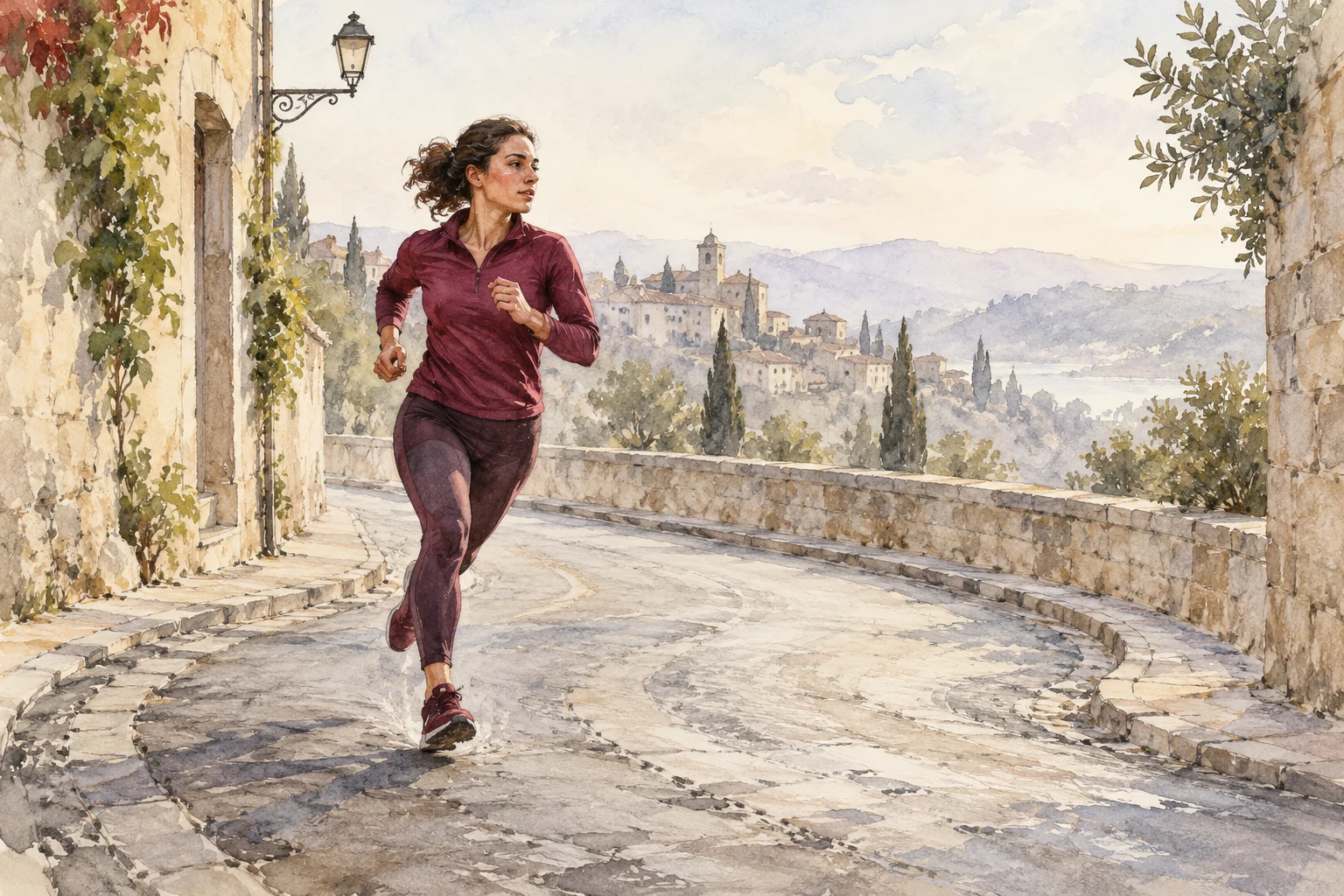 Persona adulta ficticia corre por una calle imaginaria pintada a acuarela; ilustración IA sin carrera ni trazada técnica reales.