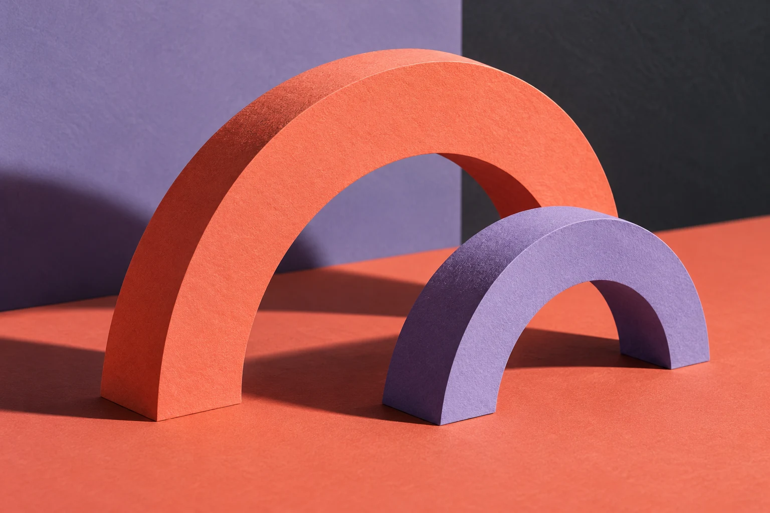 Arcos abstractos de papel coral y lila, ilustración IA sin datos de cotizaciones.