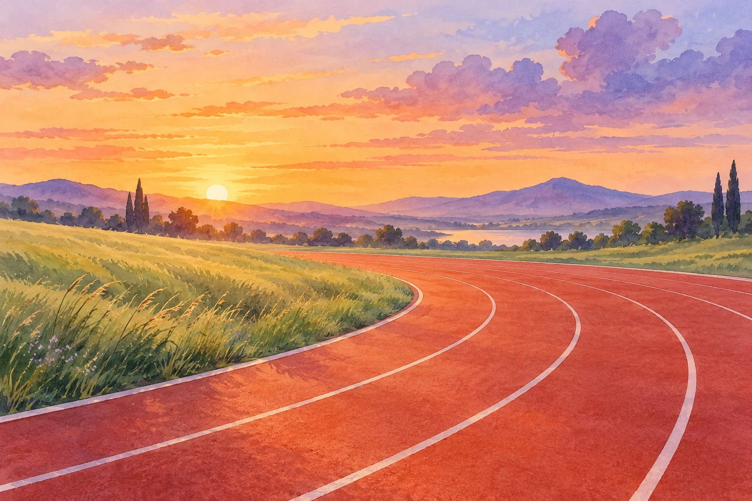 Pista de atletismo vacía y hierba en paisaje inventado a acuarela, ilustración IA sin medición de viento o resultado.