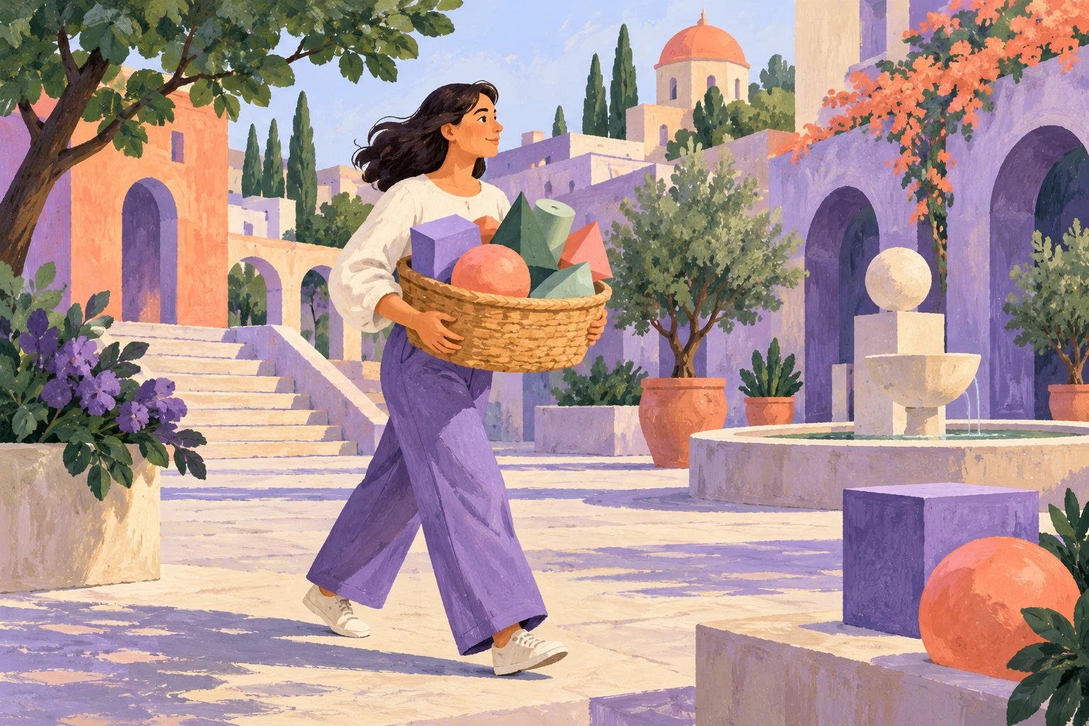Persona ficticia transportando formas geométricas en una plaza imaginaria, gouache generado con IA como metáfora de portabilidad; sin datos o servicio reales.