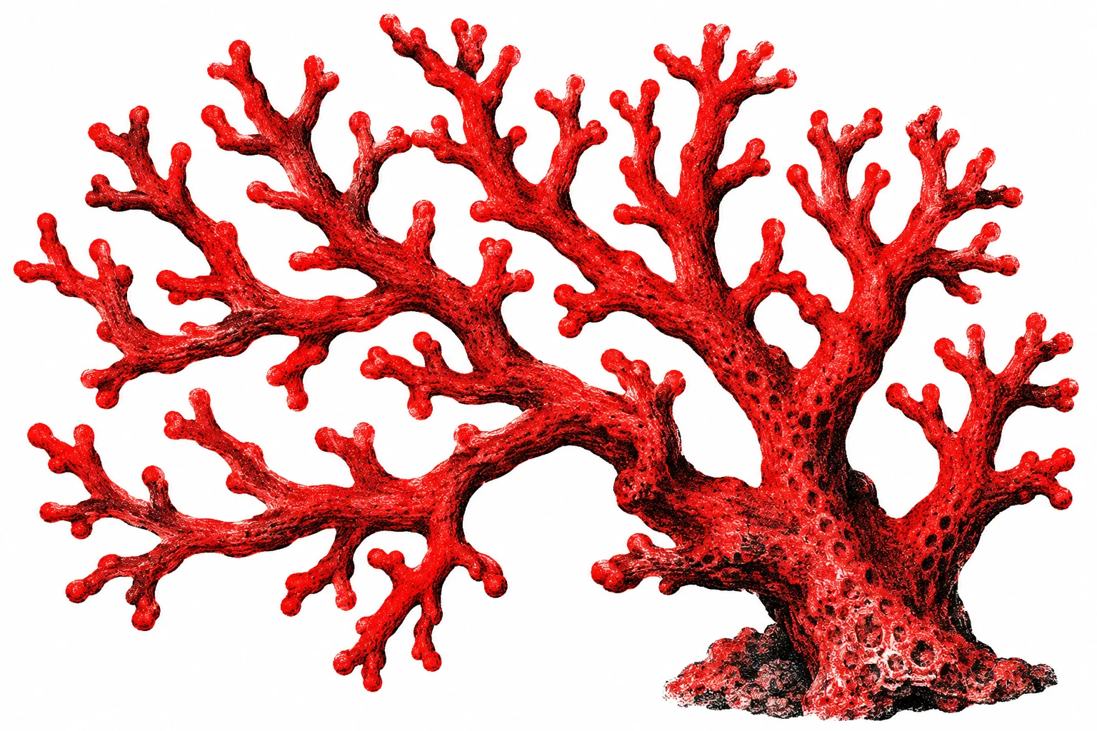 Coral ramificado imaginario en litografía roja y negra generada con IA, metáfora de relaciones; sin póliza, árbol familiar o datos personales reales.