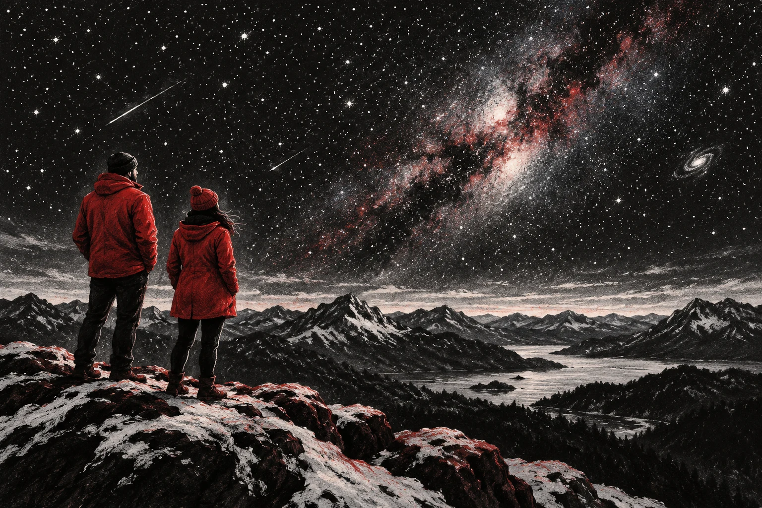 Dos adultos completamente ficticios observan un cielo inventado desde una montaña, dibujo al pastel generado con IA; no son astronautas, delegados ni una misión de ESA.