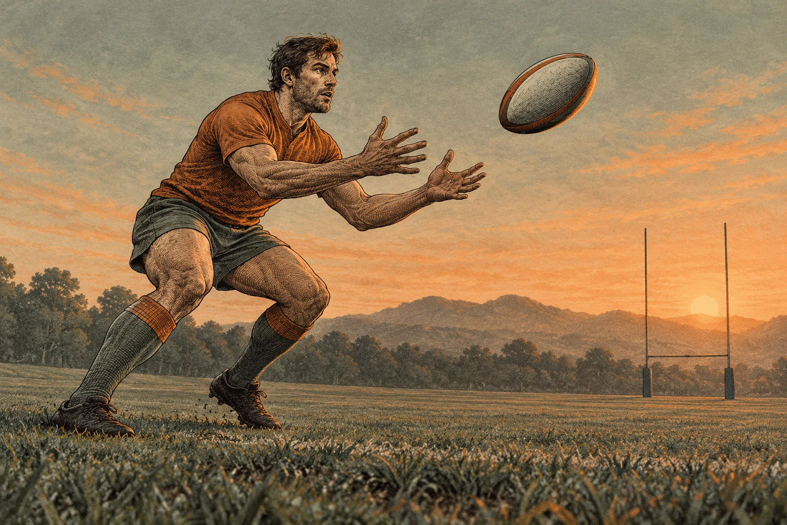 Ilustración IA conceptual: jugador ficticio recibe balón oval. Escena inventada; no documenta personas, sedes, datos o resultados reales.