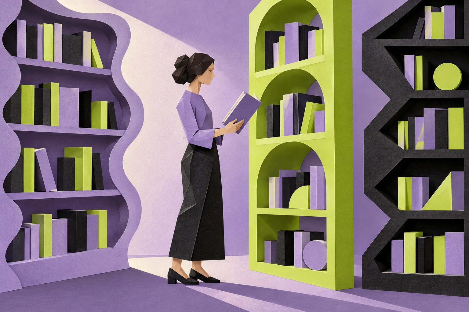 Ilustración IA conceptual: bibliotecaria ficticia y estantes abstractos. Escena inventada; no documenta hechos, datos, productos probados ni obras o sedes reales.