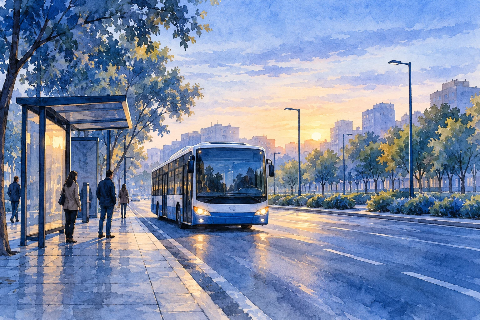 Ilustración IA conceptual: autobús genérico en bulevar inventado; no imagen documental de Madrid o de EMT.