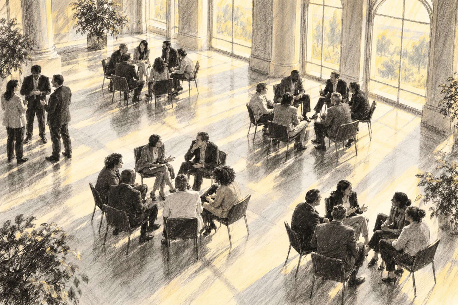 Ilustración IA: personas adultas ficticias reunidas en pequeños círculos. Composición imaginaria, no documenta personas, datos, pruebas o hechos reales.
