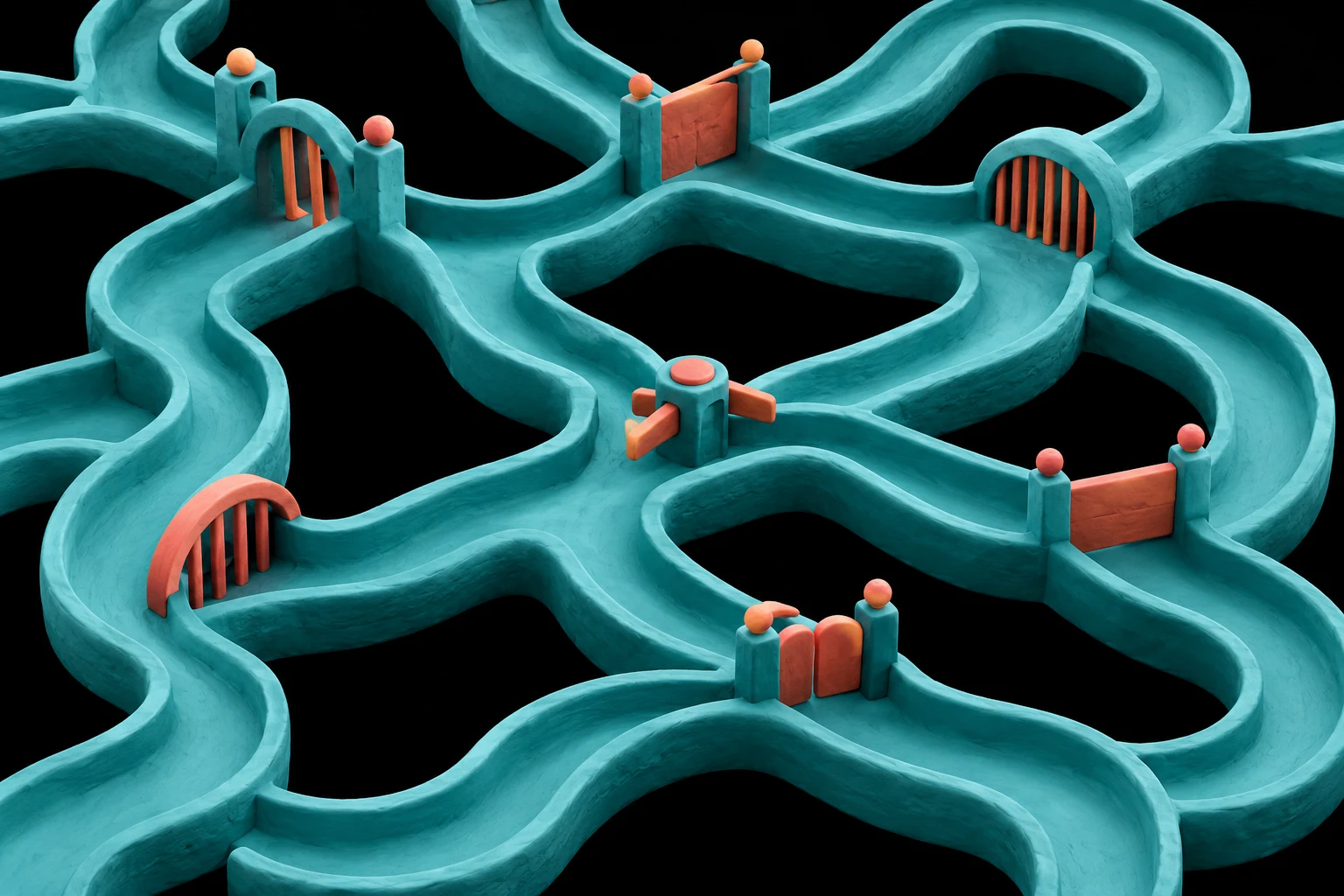 Ilustración IA: maqueta de canales vacíos con compuertas abstractas. Composición imaginaria, no documenta personas, datos, pruebas o hechos reales.