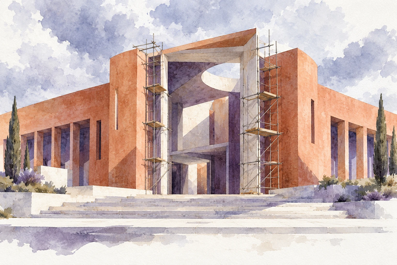 Ilustración IA: edificio administrativo imaginario con acceso en construcción. Composición imaginaria, no documenta personas, datos, pruebas o hechos reales.