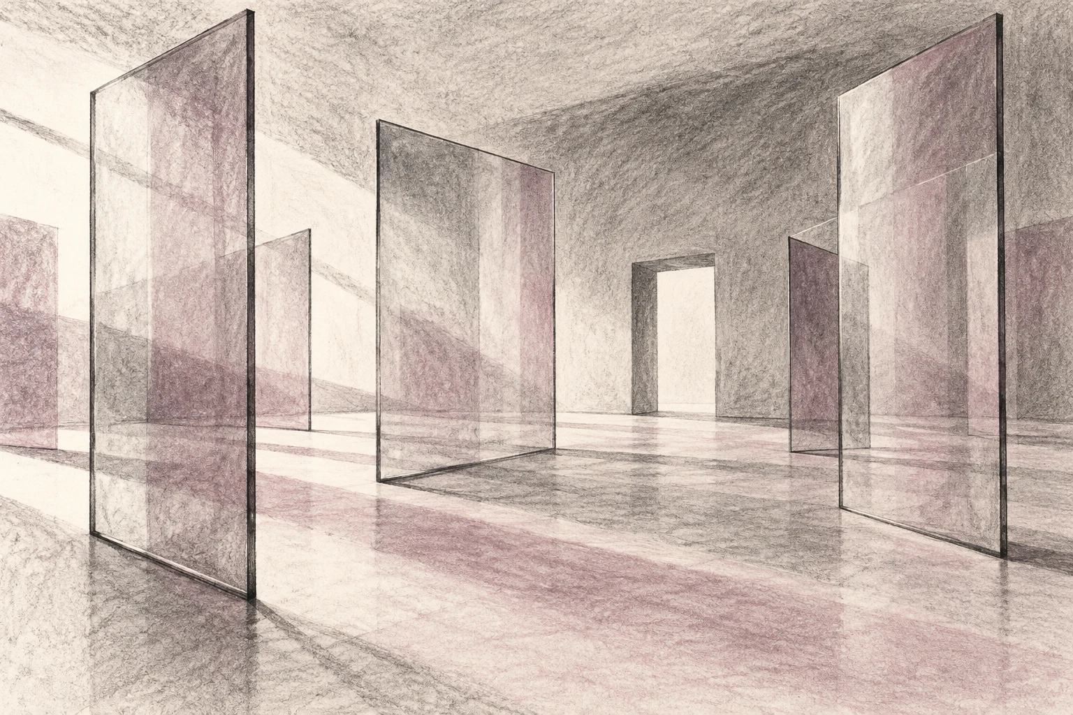 Ilustración IA: sala imaginaria de ensayo con paneles de vidrio vacíos y una puerta al fondo. Composición imaginaria, no documenta personas, datos, pruebas o hechos reales.