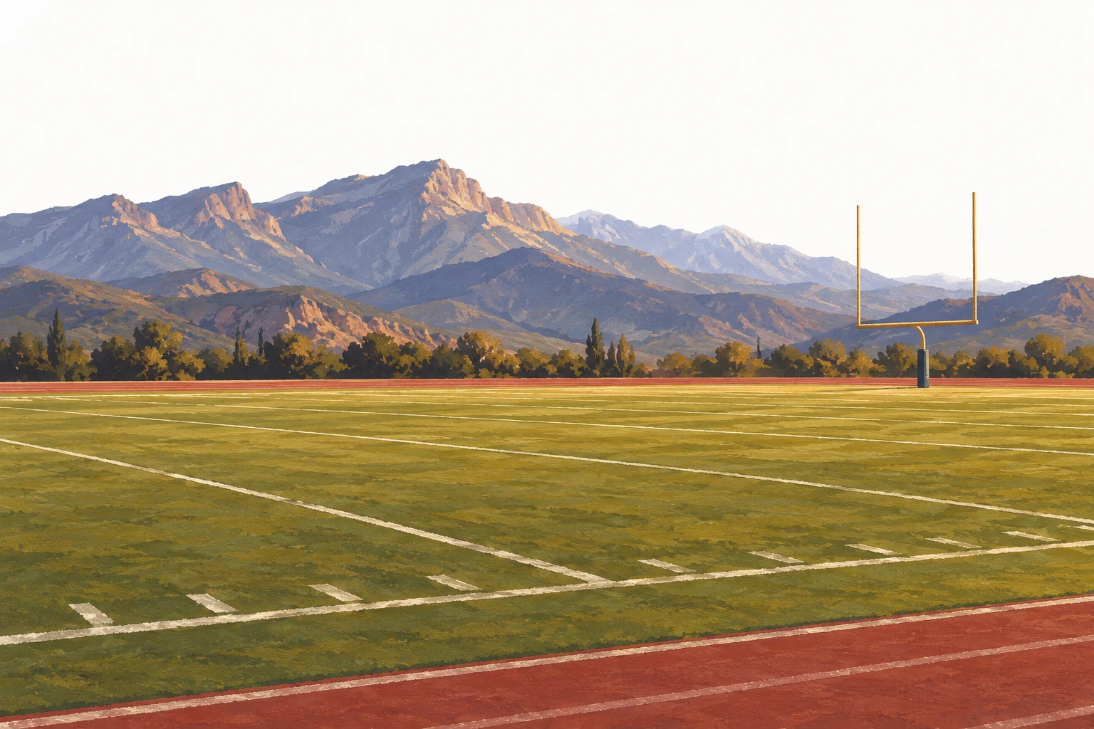 Ilustración IA: campo de fútbol americano imaginario al pie de montañas. Composición imaginaria, no documenta personas, datos, pruebas o hechos reales.