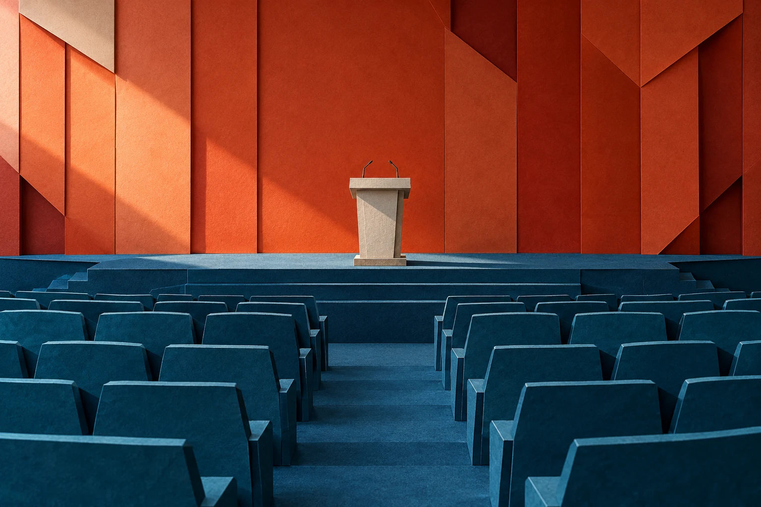 Ilustración IA: auditorio corporativo ficticio con un atril vacío. Composición imaginaria, no documenta personas, datos, pruebas o hechos reales.