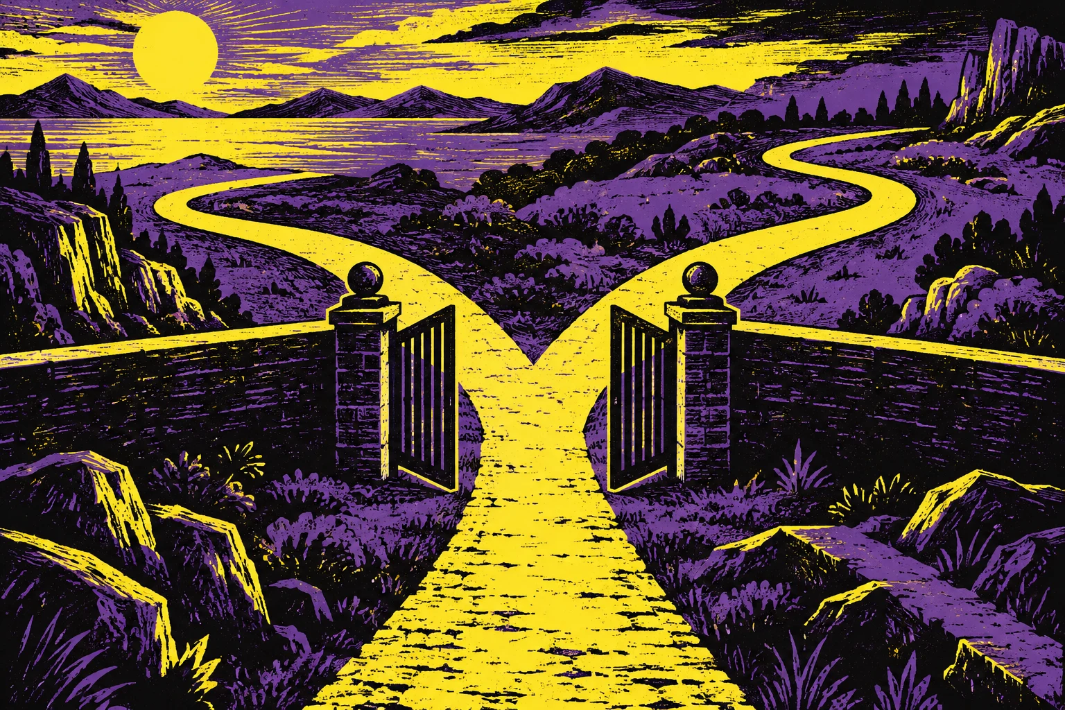 Ilustración IA: sendero imaginario se bifurca ante una compuerta abierta, sin flechas ni números. Composición imaginaria, no documenta personas, datos, pruebas o hechos reales.